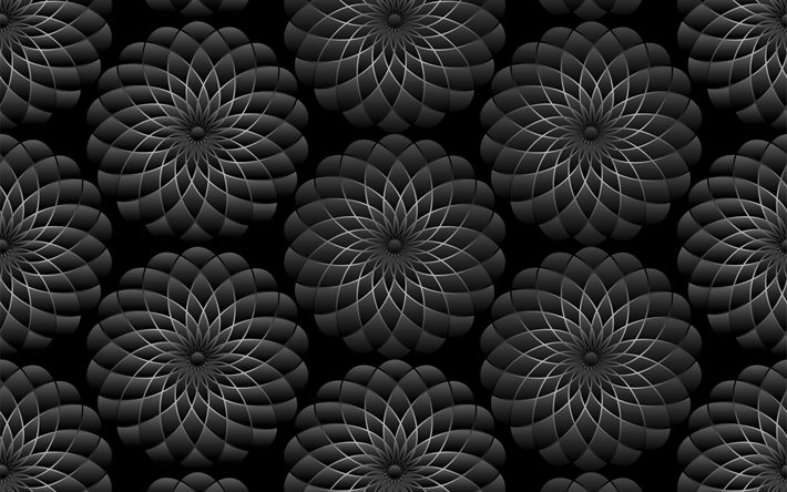 黒の3D花, 4k, 花の3Dパターン, 抽象的な花の背景, 花のテクスチャ, 花と背景, 線形パターン
