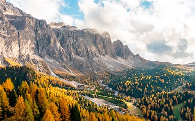 Passo Gardena, 4k, automne, montagnes, Alpes, Tyrol du Sud, Dolomite, Italie, Europe, belle nature