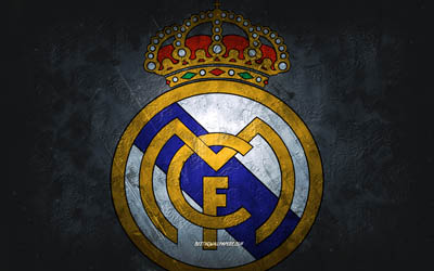 Real Madrid, Spanish football club, gray stone background, Real Madrid logo, grunge art, La Liga, football, Spain, Real Madrid emblem