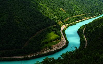 Fiume Soca, 4K, fiume blu, montagne, Valle di Trenta, Parco nazionale del Triglav, Alpi, Slovenia, Europa