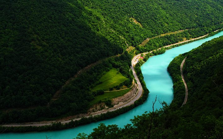 Rivi&#232;re Soca, 4k, rivi&#232;re bleue, montagnes, vall&#233;e de Trenta, Parc National du Triglav, Alpes, Slov&#233;nie, Europe