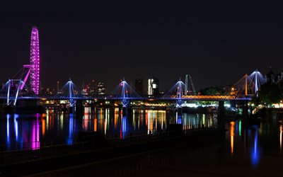 River Thames, Millennium Wheel, 4k, nightscapes, english cities, London, England, UK, United Kingdom