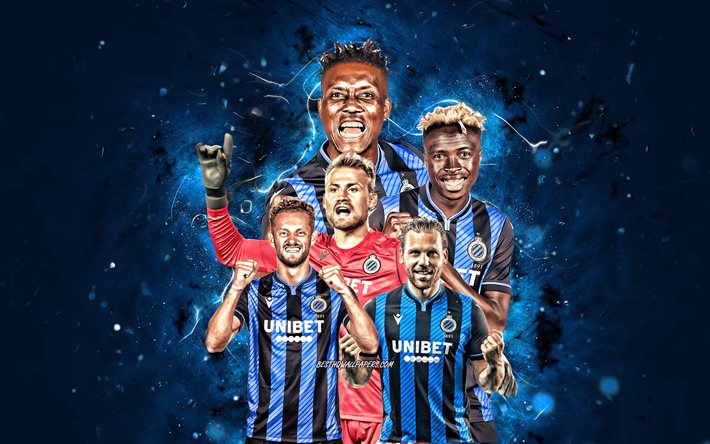 David Okereke, Ruud Vormer, Mats Rits, Simon Mignolet, Youssouph Badji, 4k, Brugge FC, futbol, Jupiler Ligi, Brugge takımı, mavi neon ışıkları