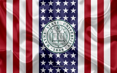 Emblema della Wayne State University, bandiera americana, logo della Wayne State University, Detroit, Michigan, USA, Wayne State University
