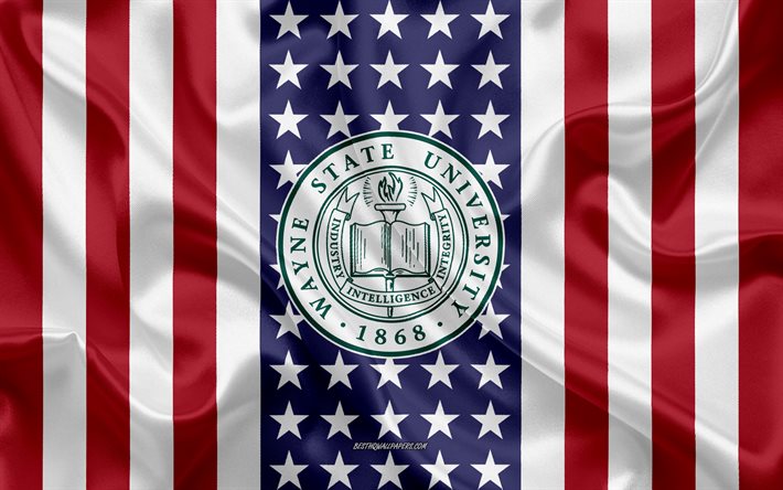 Embl&#232;me de la Wayne State University, drapeau am&#233;ricain, logo de la Wayne State University, Detroit, Michigan, USA, Wayne State University
