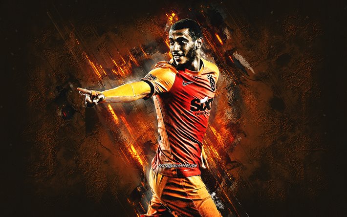 Younes Belhanda, Galatasaray, marockansk fotbollsspelare, portr&#228;tt, orange stenbakgrund, fotboll