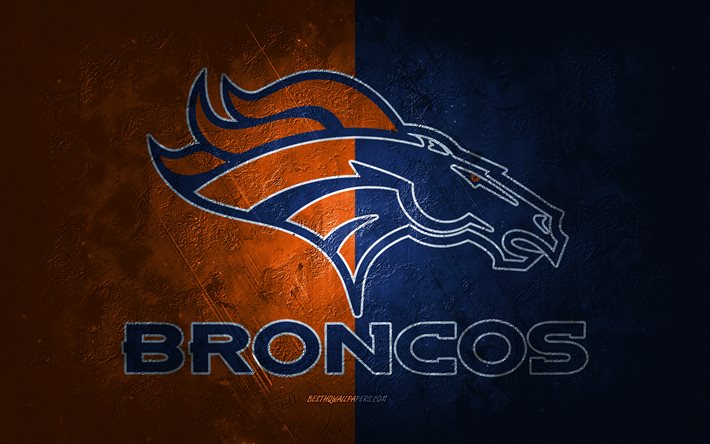 Denver Broncos, amerikkalainen jalkapallojoukkue, sininen oranssi kivitausta, Denver Broncos-logo, grunge-taide, NFL, amerikkalainen jalkapallo, USA, Denver Broncos -tunnus