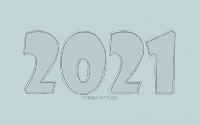 2021 anno nuovo, 4k, 2021 sketch digits, 2021 concetti, 2021 su sfondo blu, 2021 anno cifre, sketch art, Happy New Year 2021
