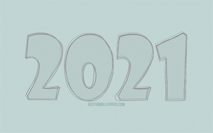 2021 nouvel an, 4k, chiffres de croquis 2021, concepts 2021, 2021 sur fond bleu, chiffres de l&#39;ann&#233;e 2021, croquis d&#39;art, bonne ann&#233;e 2021
