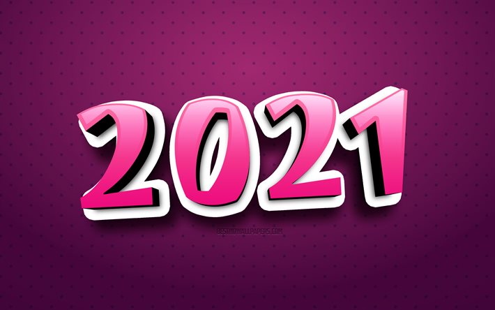 2021 neujahr, 4k, 2021 lila 3d-hintergrund, 2021 cartoon-hintergrund, frohes neues jahr 2021, lila 3d-buchstaben, 2021 konzepte