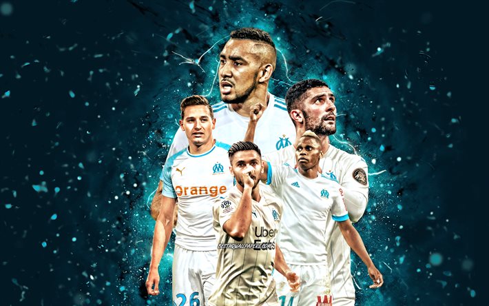 Dimitri Payet, Florian Thauvin, Morgan Sanson, Clinton Njie, Alvaro Gonzalez, 4k, Olympique Marseille FC, jalkapallo, Ligue 1, Olympique Marseille -joukkue, siniset neonvalot