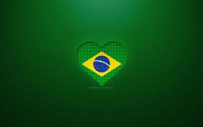 Brezilya&#39;yı Seviyorum, 4k, G&#252;ney Amerika &#252;lkeleri, yeşil noktalı arka plan, Brezilya bayrağı kalp, Brezilya, favori &#252;lkeler, Brezilya seviyorum, Brezilya bayrağı
