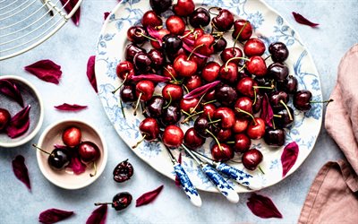 plates of cherries, 4k, macro, berries, bokeh, fresh fruits, dew, cherries, fruits