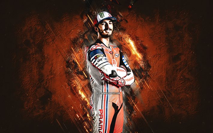 Francesco Bagnaia, Pramac Racing, pilote de moto italien, MotoGP, fond de pierre orange, portrait, Championnat du Monde MotoGP