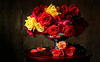 red roses, vase with roses, red flowers, roses, bouquet of roses, beautiful flowers