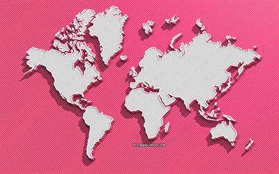 Mapa-m&#250;ndi 3D rosa, fundo rosa, mapa-m&#250;ndi 3D, continentes, mapa-m&#250;ndi, Am&#233;rica do Norte, Am&#233;rica do Sul, Europa, &#193;sia, Austr&#225;lia, conceitos de mapa-m&#250;ndi