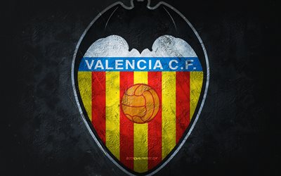 valencia cf, spanischer fu&#223;ballverein, grauer steinhintergrund, valencia cf-logo, grunge-kunst, la liga, fu&#223;ball, spanien, valencia cf-emblem