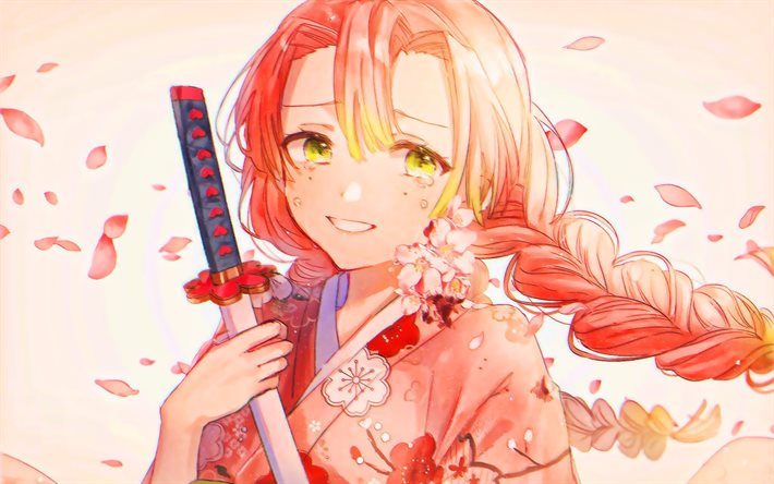 Kanroji Mitsuri, sword, Kimetsu No Yaiba, pink petals, Demon Hunter, artwork, manga, Mitsuri Kanroji