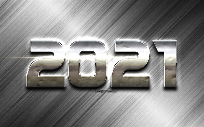 2021 neujahr, grauer 2021 hintergrund, stahl 2021 hintergrund, metallbuchstaben, 2021 konzepte, frohes neues jahr 2021, metallkunst
