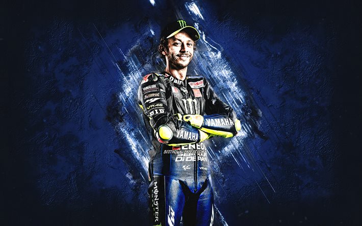 Valentino Rossi, Petronas Yamaha SRT, Italian motorcycle racer, MotoGP, blue stone background, portrait, MotoGP World Championship