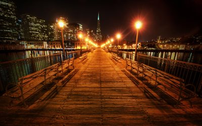 Embarcadero, 4k, iskele, gece manzaraları, San Francisco, California, amerikan şehirleri, ABD, Amerika
