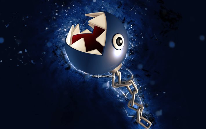 Chain Chomp, 4k, cartoon monster, blue neon lights, Super Mario, creative, Super Mario characters, Super Mario Bros, Chain Chomp Super Mario