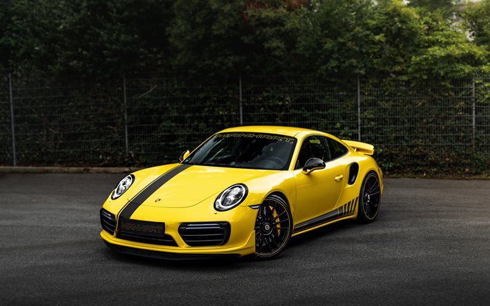 Porsche 911 Turbo S, Manhart, 2021, yellow sports coupe, tuning 911 Turbo S, black wheels, german sports cars, Porsche