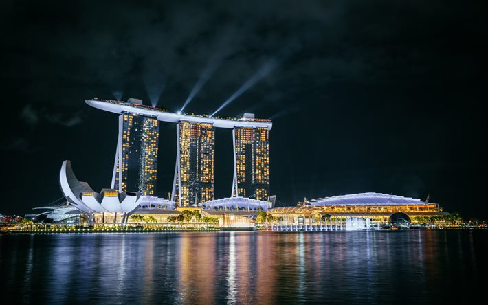 4k, Marina Bay Sands, h&#244;tels de luxe, Singapour la nuit, gratte-ciel, Singapour, paysages nocturnes, b&#226;timents modernes, Asie, Singapour 4K
