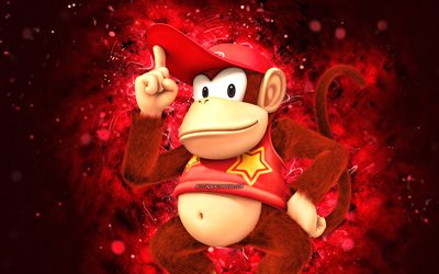 Diddy Kong, 4k, scimmia dei cartoni animati, luci al neon rosse, Super Mario, creativo, personaggi di Super Mario, Super Mario Bros, Diddy Kong Super Mario