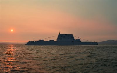 USS Michael Monsoor, mar, p&#244;r do sol, DDG-1001, destruidor de m&#237;sseis guiados, paisagem mar&#237;tima, navio de guerra, Marinha dos EUA