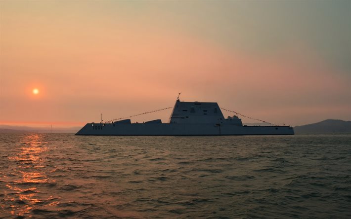 USS Michael Monsoor, mare, tramonto, DDG-1001, cacciatorpediniere con missili guidati, paesaggio marino, nave da guerra, US Navy
