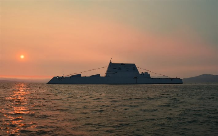 USS Michael Monsoor, mer, coucher de soleil, DDG-1001, destroyer lance-missiles, paysage marin, navire de guerre, US Navy