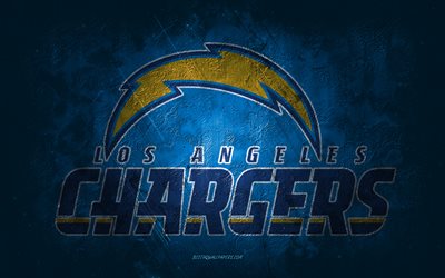 los angeles chargers, american-football-team, hintergrund aus blauem stein, los angeles chargers-logo, grunge-kunst, nfl, american football, usa, los angeles chargers-emblem