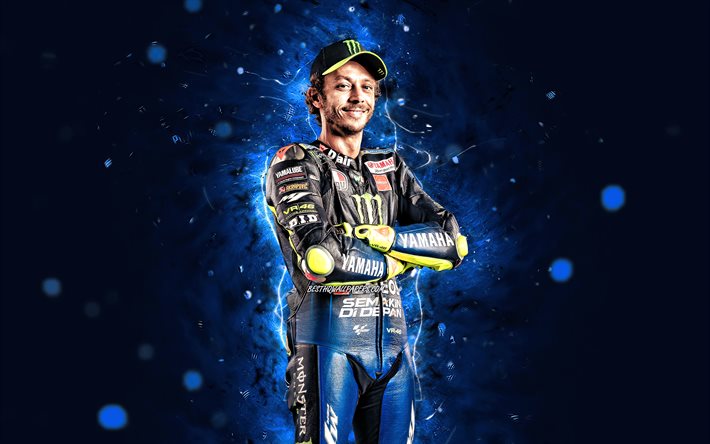Valentino Rossi, 4k, luci al neon blu, Monster Energy Yamaha MotoGP, pilota motociclistico italiano, MotoGP, Campionato del mondo MotoGP, Valentino Rossi 4K