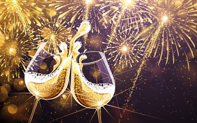 Bicchieri con champagne, felice anno nuovo, fuochi d&#39;artificio, sfondo vacanza, sfondo di Capodanno, champagne