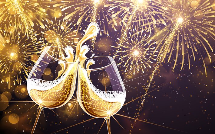 Copos com champanhe, feliz ano novo, fogos de artif&#237;cio, fundo de f&#233;rias, fundo de ano novo, champanhe