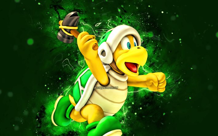 Hammer Bro, 4k, tartaruga cartone animato, luci al neon verdi, Super Mario, creativo, personaggi di Super Mario, Hammer Bro Super Mario