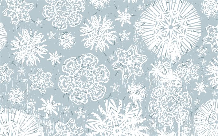 textura de invierno retro, 4k, copos de nieve blancos, textura de adornos de invierno, fondo de invierno retro, textura de invierno, fondo azul con copos de nieve blancos