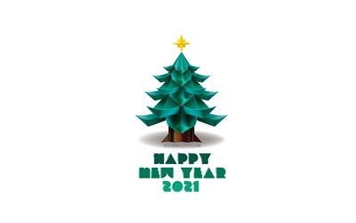 Happy New Year 2021, 3D Christmas tree, 2021 New Year, white background, green 3D tree, Christmas, 2021 concepts