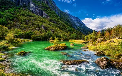4k, Parque Nacional Folgefonna, rio de montanha, HDR, ver&#227;o, Noruega, Europa, bela natureza, montanhas
