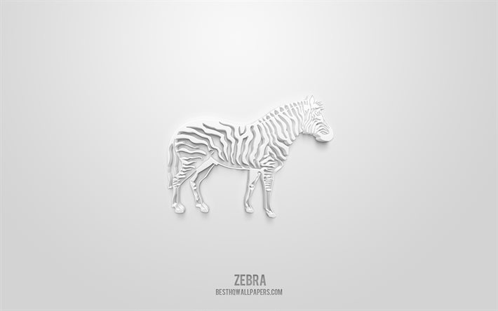 Zebra 3d ikon, vit bakgrund, 3d symboler, Zebra, djur ikoner, 3d ikoner, Zebra tecken, djur 3d ikoner