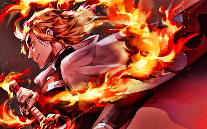 Rengoku Kyoujurou, fire flames, Mugen Ressha-hen, Kimetsu No Yaiba, battle, Demon Hunter, manga, Kyojuro Rengoku