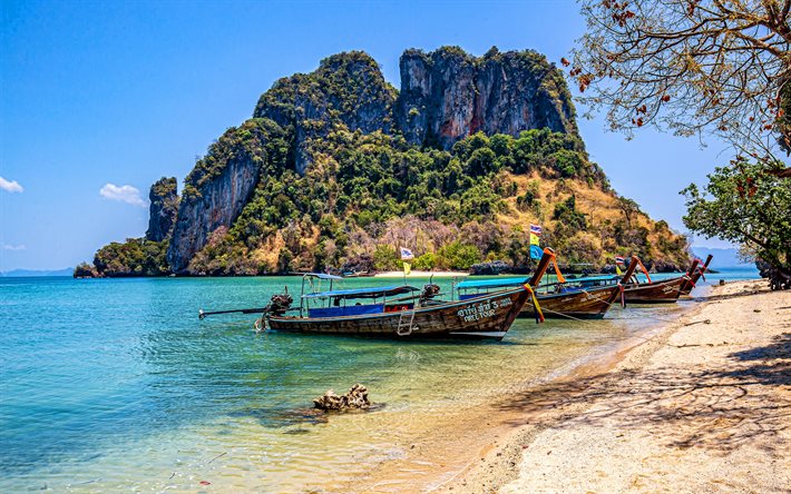 Phuket, 4k, ada, tekneler, sahil, Tayland, g&#252;zel doğa, Asya, plaj, HDR