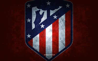 Atletico Madrid, squadra di calcio spagnola, sfondo di pietra rossa, logo dell&#39;Atletico Madrid, arte grunge, La Liga, calcio, Spagna, emblema dell&#39;Atletico Madrid