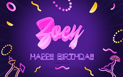 誕生日おめでとう, 4k, 紫のパーティーの背景, ゾーイ, クリエイティブアート, ゾーイお誕生日おめでとう, ソフィアの名前, ゾーイの誕生日, 誕生日パーティーの背景