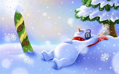 lying snowman, snowboard, winter, snowfall, snowdrifts, 3D art, snowflakes, snowman, background with snowman, winter holidays, snowmen