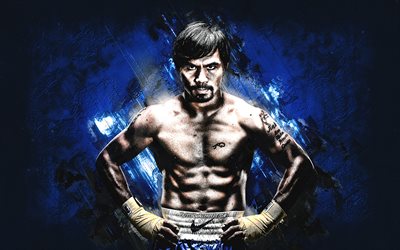 Manny Pacquiao, Filipinli boks&#246;r, portre, mavi taş zemin, boks, Emmanuel Dapidran Pacquiao