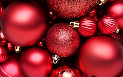 Bolas de Navidad rojas, Feliz a&#241;o nuevo, Feliz Navidad, Fondo rojo de Navidad, Decoraciones de a&#241;o nuevo