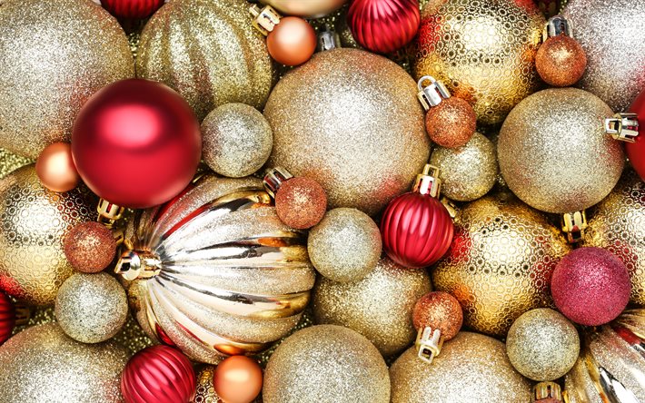 Bolas de Navidad doradas, Feliz a&#241;o nuevo, decoraci&#243;n navide&#241;a, fondo con bolas de Navidad, Feliz Navidad, fondo dorado de Navidad