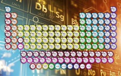Tavola periodica degli elementi, 4K, tavola periodica 3D, sfondo chimico colorato, atomi, la tavola periodica, chimica, concetti chimici, tavola periodica colorata, arte 3D